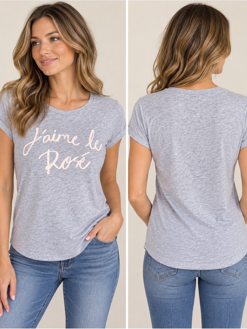 LOFT J’aime le Rosé Heather Gray Graphic Tee Size L 100% Cotton